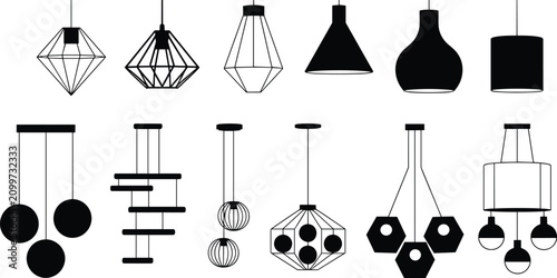 Foto Diverse collection of twelve black and white line and silhouette pendant light f