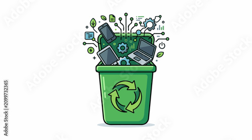 Electronic waste recycling bin with circuitry and leaves