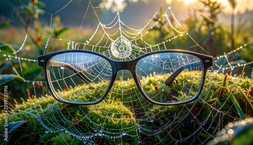 Eyeglasses covered in morning dew spider webs on moss.