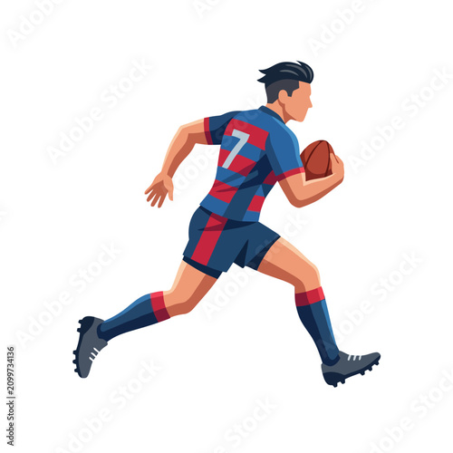 Rugby Player Running with Ball, Sports Athlete, Dynamic Action