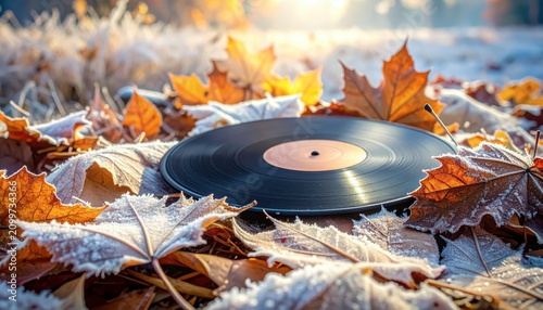 Vinyl Record Surrounded by Autumn Leaves and Frost.