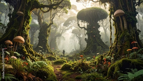 Mystical Forest with Glowing Mushrooms and Ancient Trees.