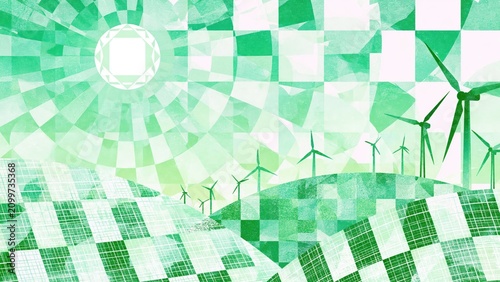 Abstract checkered green landscape featuring silhouette wind turbines.