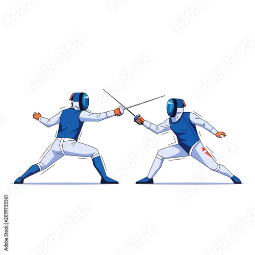 Fencing duel: Athletes in protective gear with sabers clashing
