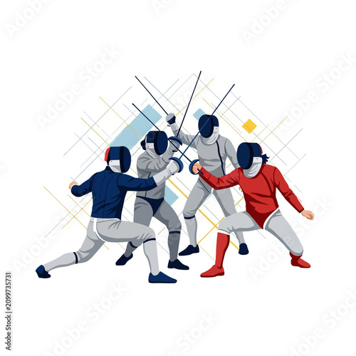 Fencing Match Illustration: Four Athletes in Combat