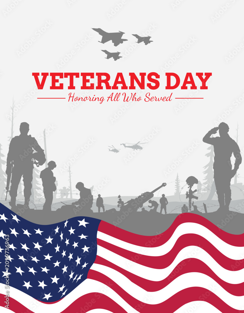 Fototapeta premium Veteran's day silhouette vector illustration with american flag and soldiers.