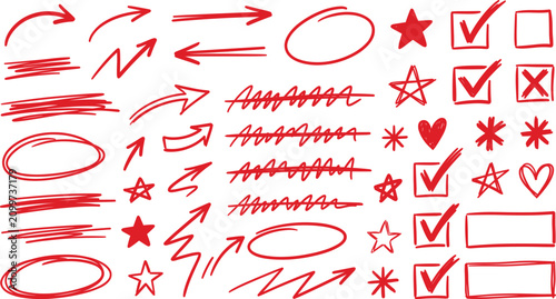 Cuadro en lienzo Hand Drawn Red Marker Pen Icon Mega Set with Arrow Pointers Correction Highlight