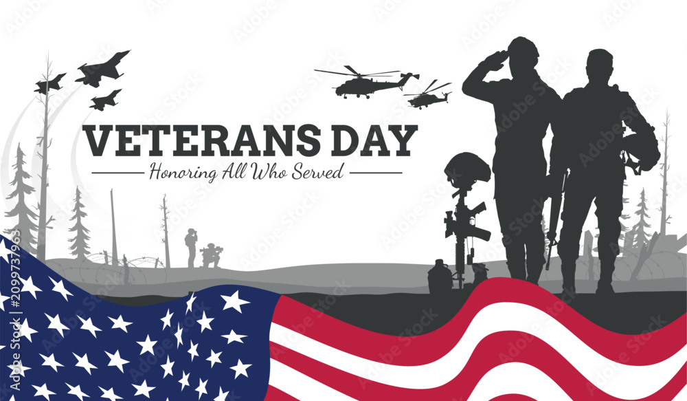 Fototapeta premium Veteran's day silhouette vector illustration with american flag and soldiers.