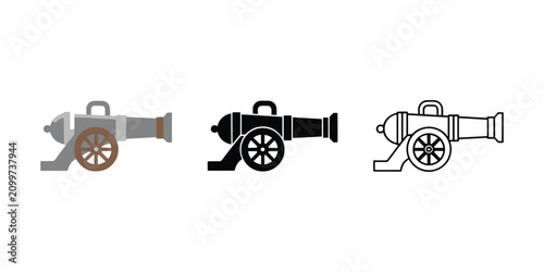 Fotografie Three cannons in different colors and line styles guns artillery gray brown, commando concept, vector illustration isolated on white background