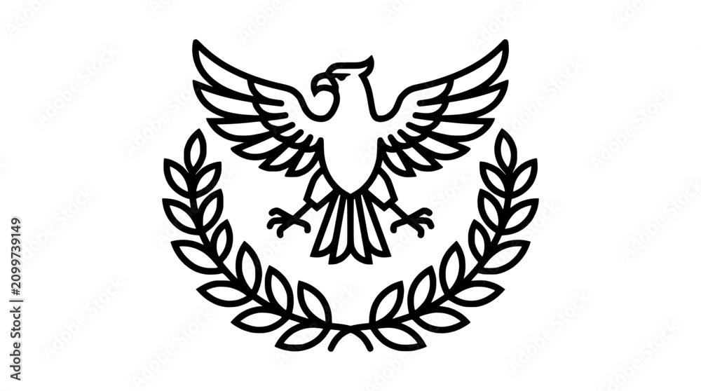 Fototapeta premium Eagle emblem with laurel wreath, heraldic symbol, minimalist line art, black and white