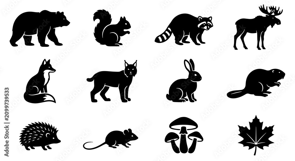 Obraz premium 70 Forest Wildlife Silhouette Icons: Bear, Squirrel, Fox, Moose, Rabbit, Beaver, Hedgehog, Mouse, Raccoon, Cat, Mushroom, Maple Leaf Vector Set for Nature Design 100