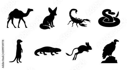 Schilderij op canvas 70 Desert Wildlife Silhouettes: Camel, Fennec Fox, Scorpion, Snake, Meerkat, Liz