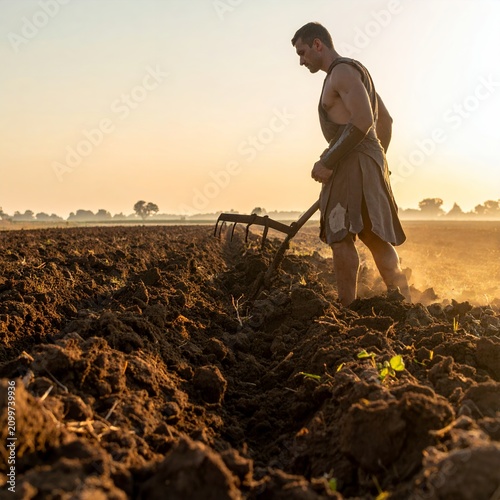 Ancient farmer plowing a field at sunrise with a traditional tool.