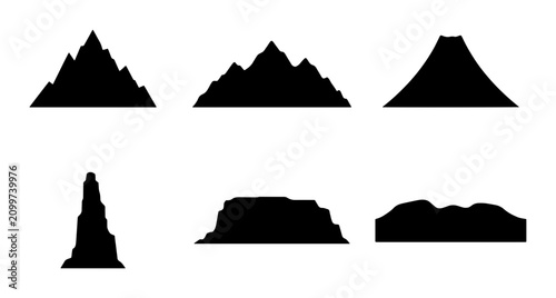 Konstfotografi 70 Diverse Mountain Silhouettes Collection, Six Black Peaks Vector Icons for Nat