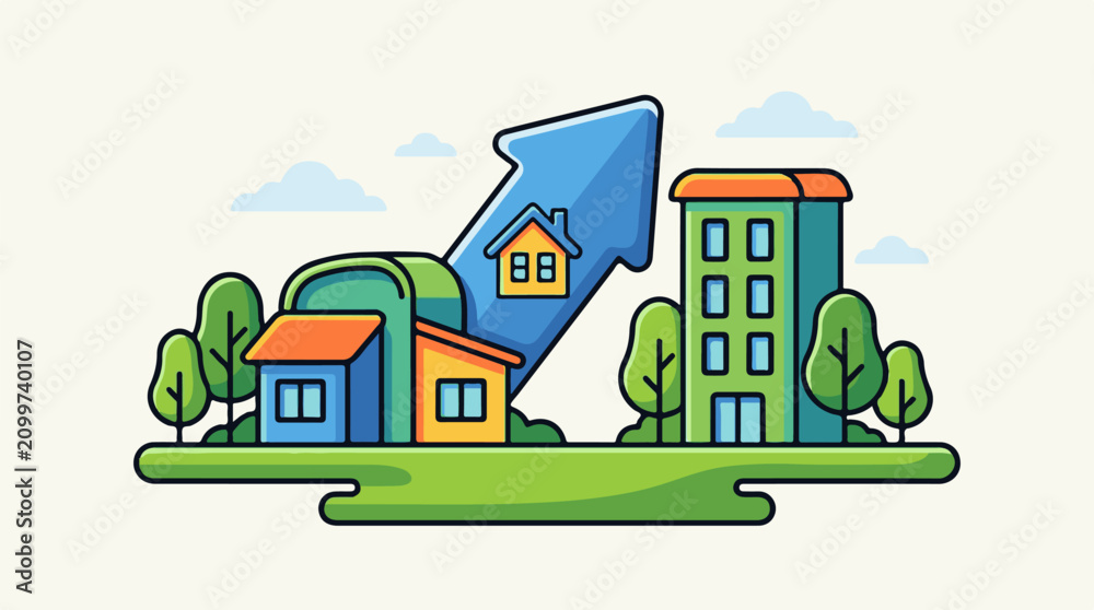Fototapeta premium Houses and apartment building on green land with upward arrow