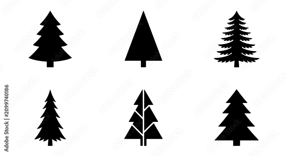 Obraz premium 70 Diverse Evergreen Tree Silhouettes, Six Simple Pine Icons, Black Forest Graphics for Winter Holidays and Nature Designs 100