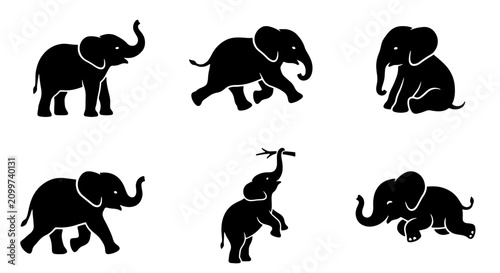Obraz na plátně 70 Silhouette Elephant Vector Icons, Diverse Poses Collection, Black and White A
