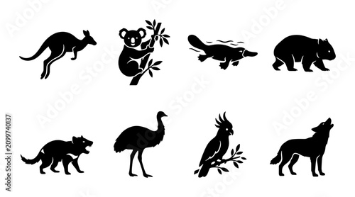 Tableau sur toile 70 Australian Wildlife Silhouette Icons: Kangaroo, Koala, Platypus, Wombat, Tasm