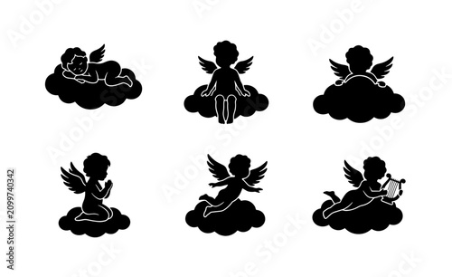 Fotografie 70 Cherub Silhouettes Vector Set, Angelic Figures on Clouds, Divine Baby Angels,