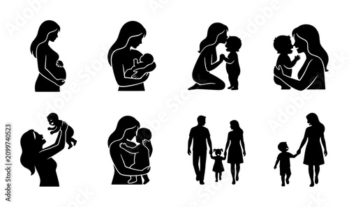 Fotografie 70 Motherhood Silhouette Icons: Pregnancy, Newborn, Childcare, Family Moments, P
