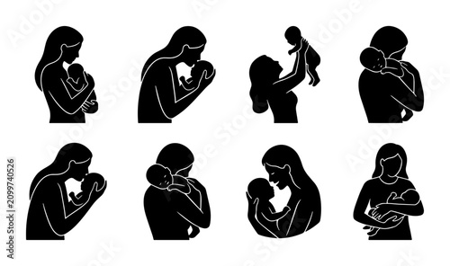 Obraz na płótnie 70 Mother and Baby Silhouettes Collection, Tender Embrace Vector Icons, Parental