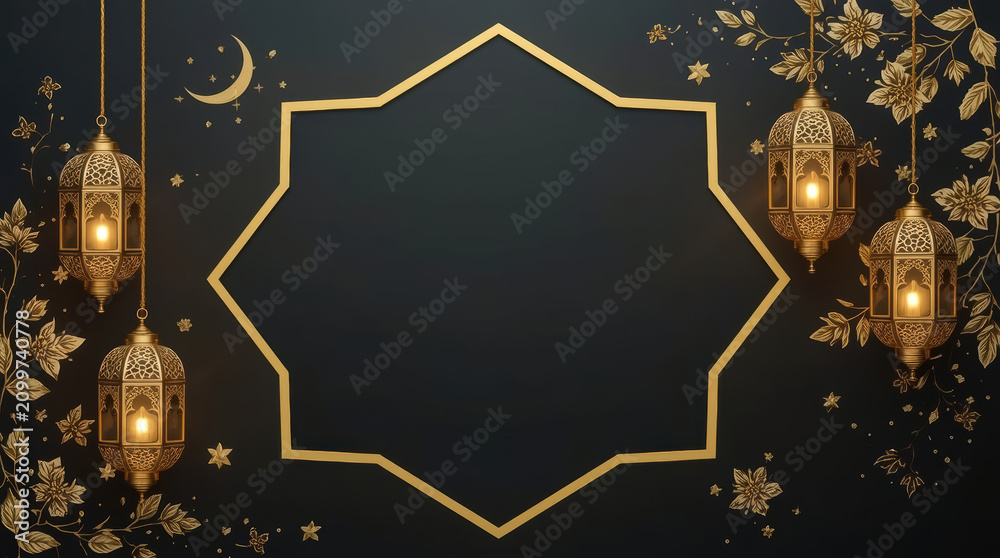 Fototapeta premium Luxurious gold lanterns and crescent frame on dark backdrop evoking elegant festive ambience