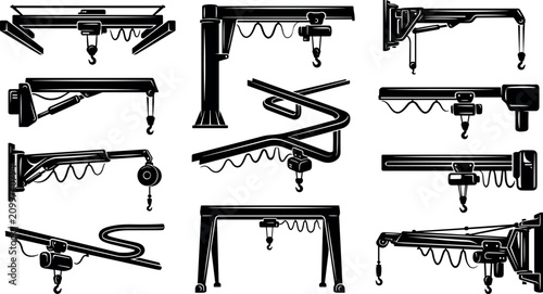 Photos Bridge crane and industrial hoist icons set for factory manufacturing warehouse lifting