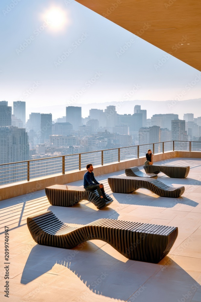 Obraz premium People relaxing on a modern rooftop terrace with city skyline views and dramatic sunlight