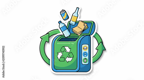 Green recycling bin with items being deposited and circular arrows