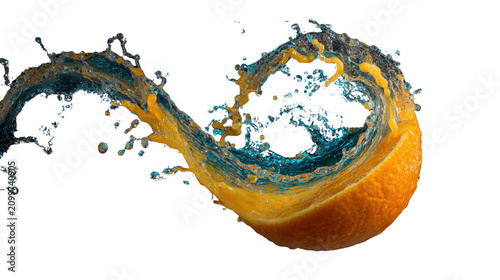 Orange slice with blue and yellow liquid splash swirl isolated on the transparent background