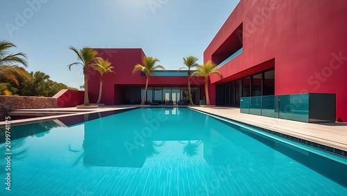 minimalist modern architecture villa with burgundy walls and teal swimming pool.