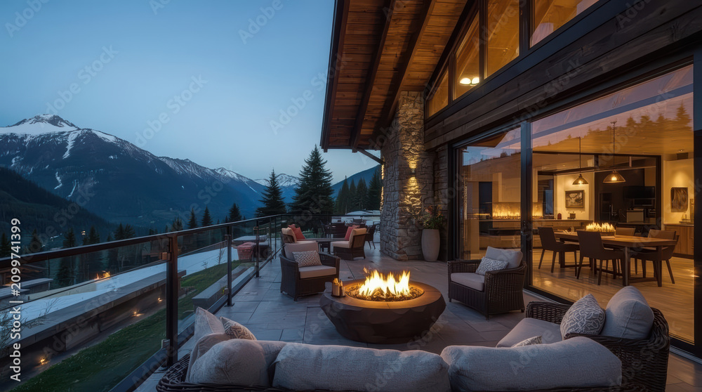 Obraz premium Luxury mountain chalet terrace with fire pit, panoramic view, cozy seating, alpine twilight