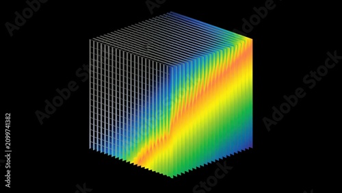 3D data visualization cube showing colorful intersecting heat map grids.