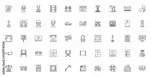 Fotografia Cinema and movie production line icons, set of 50 film industry vector symbols,