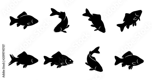 Cuadro en lienzo 70 Black Silhouette Fish Icons, Aquatic Animal Vector Graphics, Simple Underwate