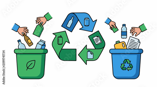 Hands recycle bottles cans and paper into designated bins
