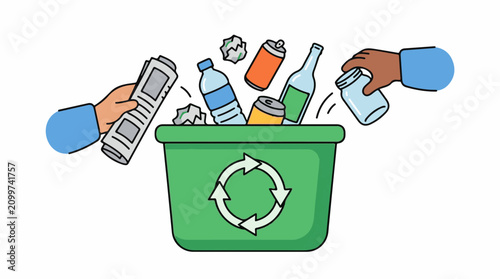 Hands recycle newspaper bottles cans and jars into a green bin
