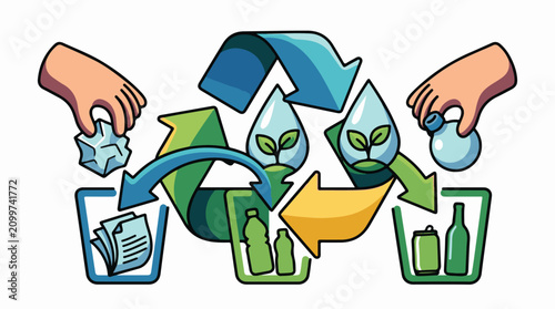 Hands recycle waste into new life represented by sprouts