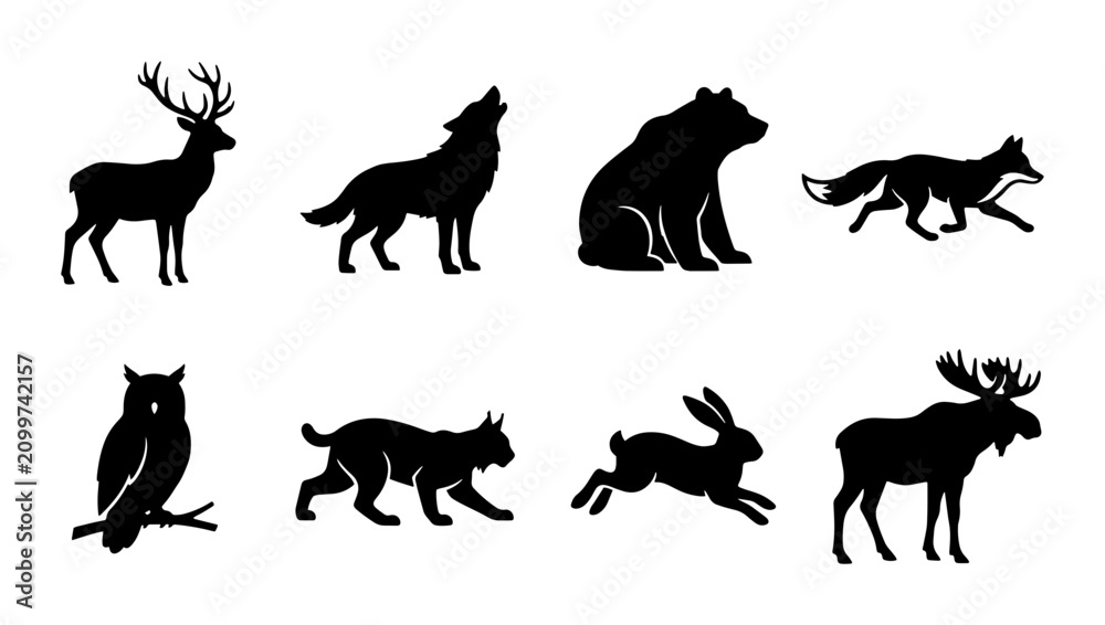 Fototapeta premium 70 Forest Wildlife Silhouette Collection: Deer, Wolf, Bear, Fox, Owl, Bobcat, Rabbit, Moose Vector Icons, Nature Animal Graphics 100