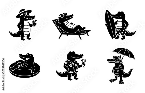 Photography 70 Summer Vacation Alligator Icons, Tropical Beach Reptile Set, Fun Animal Chara
