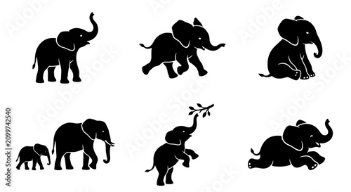 Obraz na plátně 70 Set of Six Silhouette Elephants, Baby Elephant, Adult Elephant, Playful Poses