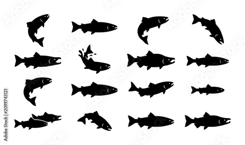 Foto 70 Salmon Fish Vector Silhouettes, Aquatic Animal Icons, Seafood Illustration Se