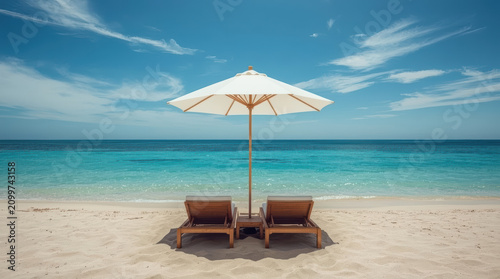 Luxury beach bed white umbrella turquoise sea serene summer escape calm horizon