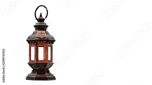 Vintage rustic metal lantern lamp with glass light isolated on the transparent background