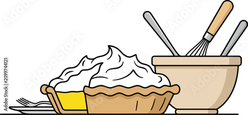 Foto Homemade cream pie dessert with whipped topping and baking utensils isolated on