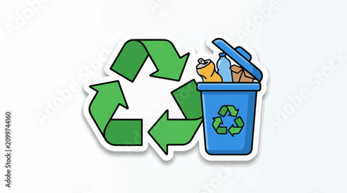 Green recycling symbol beside a blue bin overflowing with waste