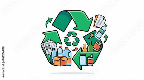 Green recycling symbol filled with assorted recyclable materials