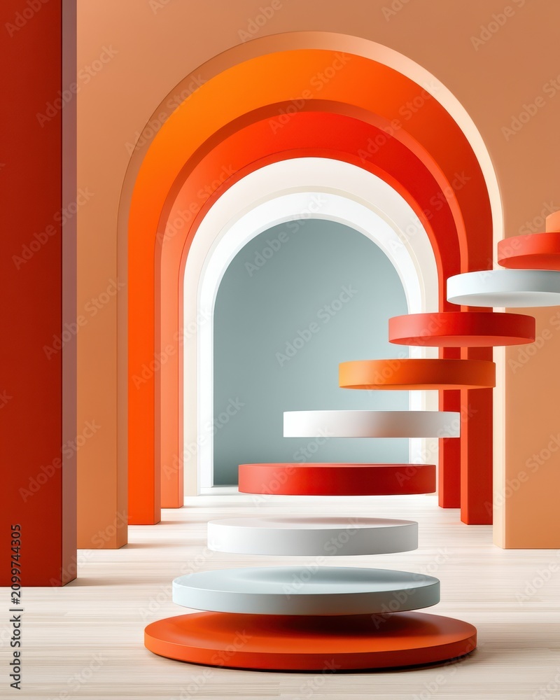 Obraz premium Minimal modern architecture with floating circular podiums and warm orange arches in a luxury interior