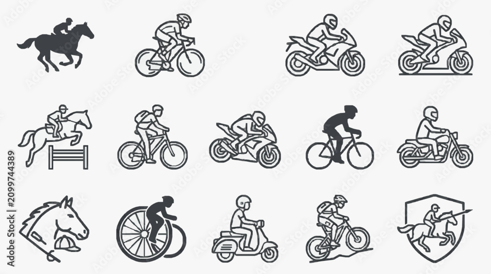 Obraz premium Creative Black and White Line Icons Set of Equestrian and Cycling Sports Activities with Various Vehicles