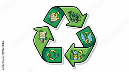 Green recycling symbol illustrating processing of paper electronics and plastics